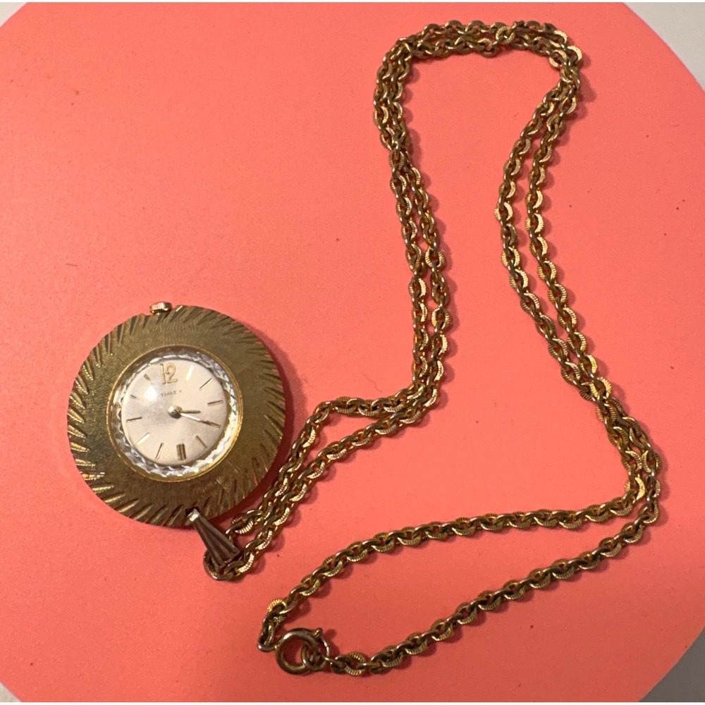 Vintage Timex Gold Tone Sunburst Pendant Watch Necklace Faceted Crystal MCM